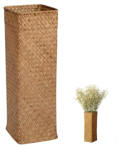 Vase de Mimbre Decorativo Natural rústico 4x4x12 en ratán Tejido jarrón de Rattan Estilo Granja alte Boho jarrones de Flores de Escritorio de Planta de Tallo Largo para Bodas, oficinas, centros de me