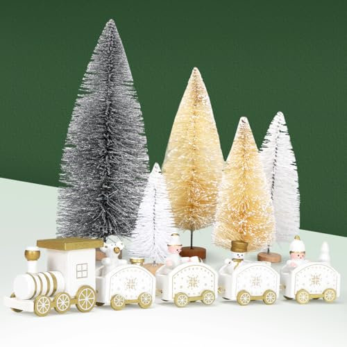 Cadimus Weißer Weihnachtszug aus Holz,6 Stück Weihnachten Tischdeko,Mini Tannenbaum,Weihnachten Zug Deko,Tisch Geschenke für Neujahr,Weihnachtsbaum Schneemann weihnachtsdeko Geschenke