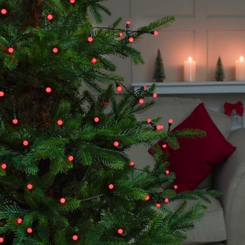 Festive Lights - 4.9m Christmas Multi Function 50 LED Red Berry Fairy String Lights - Battery Operated Indoor Outdoor Home Garden Tree Seasonal Lighting Decoration - with 6 Hour Timer