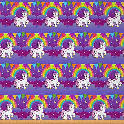 Kawaii Einhorn Stoff by The Yard Cartoon Pferd Dekostoff mit Galaxie Sternen Druck Niedlich Einhorn Polsterstoff für Mädchen Magisches Einhorn Tier Design 2 Yards Lila Geschenk