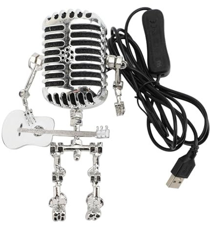 Gugxiom Vintage Microphone, Guitar Robot Table Lamp Aluminum Retro Metal Robot Night Light for Bedroom Desk Home Decor (White)