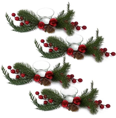 TIENDA EURASIA – Portavelas con Pino y Bayas | Pack de 4 Uds | Decoracion Navidad | Incluye Vaso de Cristal de 6cm Diámetro | Color Rojo, Verde y Marrón | Medidas 28x10x5 cm | Portavelas Navideño
