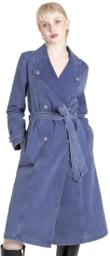 Enorsia Womens Mid Blue Denim Belted Trench Coat - Double-Breasted Design on font with Detachable Tie Waist, Modern Edge for Casual & Formal Looks (Mid Blue,18)