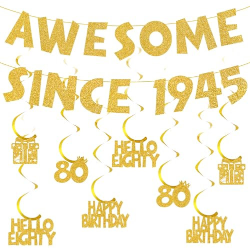 80th Birthday Decorations for Women Men - Glitter Awesome Since 1945 Banner Hanging Swirls Gold, Happy Birthday Party Decoration Hello Eighty Streamers Bunting for 80 Years Old