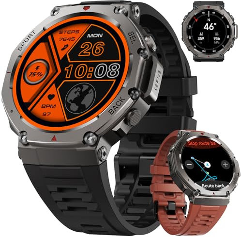 FOXBOX GPS Montre Connectée Homme, 1,43 AMOLED avec 100+ Modes Sportifs Smartwatch, Autonomie 30 Jours 5ATM Étanche, Baromètre/Altimètre/Boussole pour Android iOS