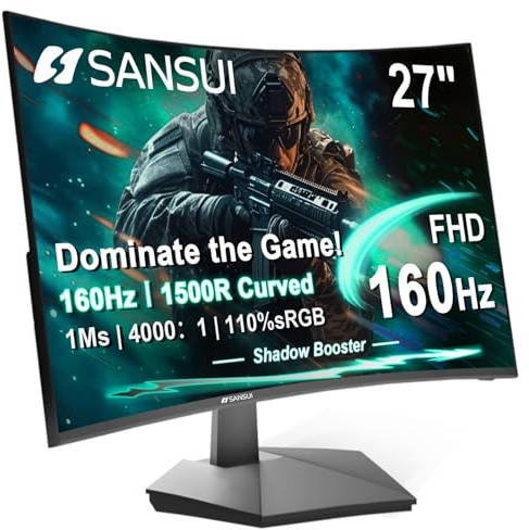 SANSUI 27 Curved Gaming Monitor 160Hz Curved Computer Game Monitor 1500R FHD 1080P, 4000:1, 110% sRGB, FPS/RTS, 1Ms MPRT|FreeSync|HDR|Low Blue Light|HDMI DP| VESA Support
