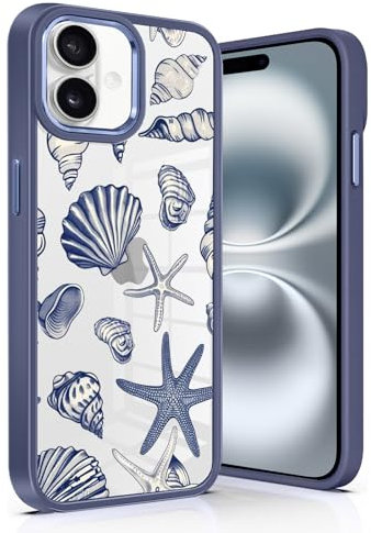 Phoona Case for iPhone 16 6,1, Cute Summer Beach Seashell Girly Aesthetic Pattern Design, Transparent Slim Shockproof TPU Frame PC Back Protection Bumper Cover for Girls Women, Navy Blue