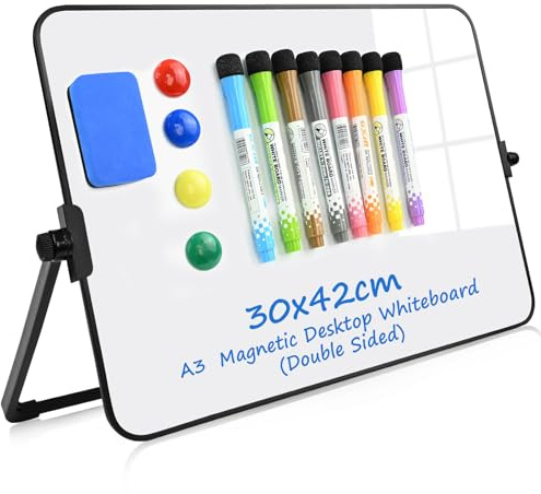 Magnetisches Whiteboard(30x42cm), A3 Doppelseitig Whiteboard mit Verstellbarer Halterung für Berechnungen, Brainstorming, Memos, Tags