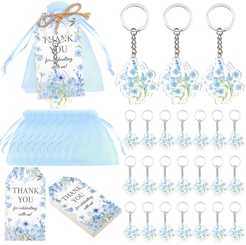 Serencatcher 24 Sets Blue Wildflower Party Favors Includes Wildflower Keychains Thank You Tags Organza Bag Twine for Blue Baby in Bloom Baby Shower Favors Floral Bridal Shower Bachelorette Party Gifts