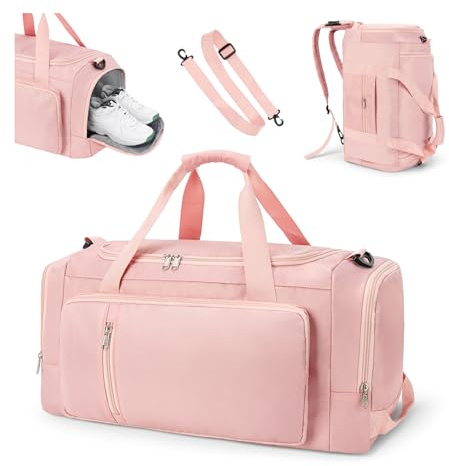Sports Gym Bag Duffle Bag with Shoes Compartment for Womens Mens, CS COSDDI Weekend Travel Bag Overnight Bag with Wet Pocket, Luggage Bag Hospital Bag Holdall Bags with Shoulder Strap Backpack (Pink)