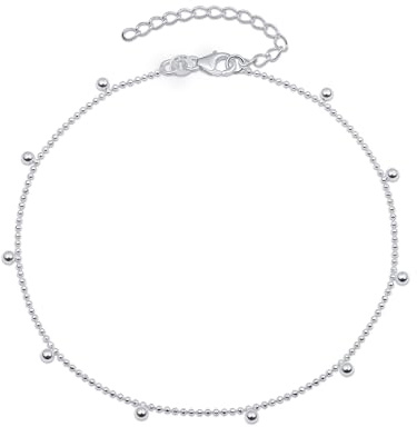 Amberta Bracelet de Cheville pour Femme en Argent Sterling 925 | Chaînes de Cheville Réglables d'Été Perles Coeur Bijoux Bohème