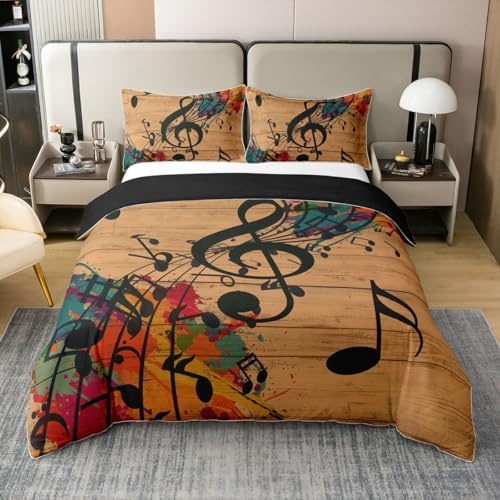 Homewish Musiknotizen 100% Baumwolle Bettbezug 135x200 für Kinder Erwachsene,Graffiti Musik Kunst Bettwäsche Set,Vintage Retro Tröster Abdeckung,Holz Brett Bett Set mit 1 Kissenbezug Zimmer Dekor