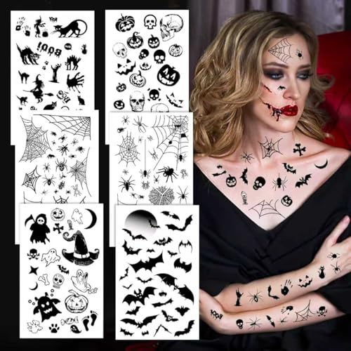 Halloween Tattoo Gesicht, 6 Blatt große Größe Fledermaus Spinnen Tattoo, Gesichtstattoo Vampir Hexen Kostüm Zubehör Erwachsene Kinder, für Halloween Masquerade Karneval Party