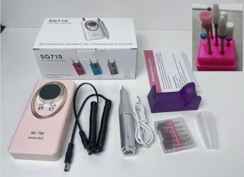 PKBD 45000RPM Professional Portable Nail Drill for Gel Nails, Rechargeable Electric Nail File Set with 11 Attachments and LCD Display, Pink
