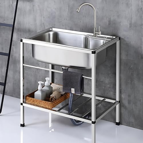 Lavello di Utilità in Acciaio Inox, Lavandino Commerciale con Rubinetto Lavelli Autoportante Lavello da Esterno Lavabo Cucina Lavandino Professionale Per Lavanderia 58 * 43cm