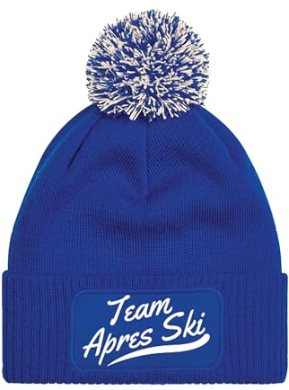 NIMAMA Mütze Beanie Team Apres Ski Strick Bommel Wintermütze Statement Lustiger Spruch Unisex Strickmütze für Herren & Damen
