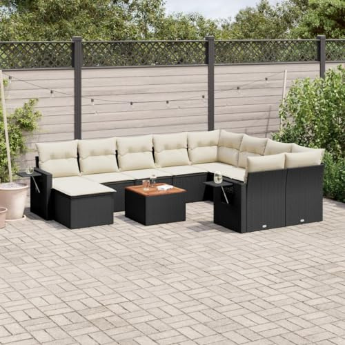 QJBSAVVA 11-TLG. Gartenmöbel Set Schwarz Poly Rattan Lounge mit Akazienholztisch 55 cm hoch modulare Sitzgruppe für Balkon Garten Terrasse Kleiner Balkon Outdoor möbelsets