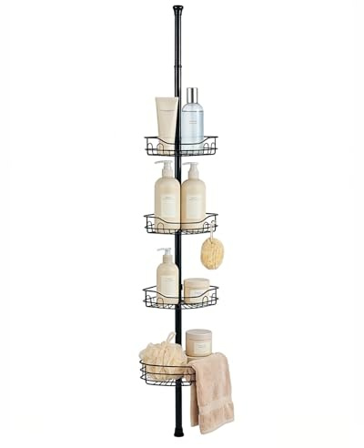 Sekey Duschablage Ohne Bohren - Duschregal Teleskopmit 4 Festen Körben, Höhenverstellbar 79-315 cm, Stabiler Stand & Eck-Design für Badezimmer