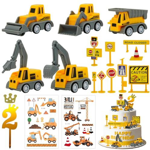 17 Stück Bagger Tortendeko,Tortendeko Baustelle 2 Jahre,Bagger Kuchendeko,Baustellenfahrzeuge Verkehrsschilder Baufahrzeuge Kuchen Deko für Geburtstag (D)