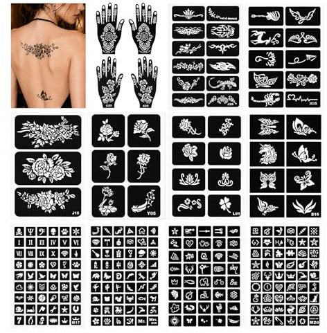 Wosyoodo 253 Stück Henna Schablonen Set, Temporäre Tattoo Schablonen für Gesicht & Körper, Wiederverwendbare DIY Mehndi Vorlagen für Anfänger, Ideal für Festival Party