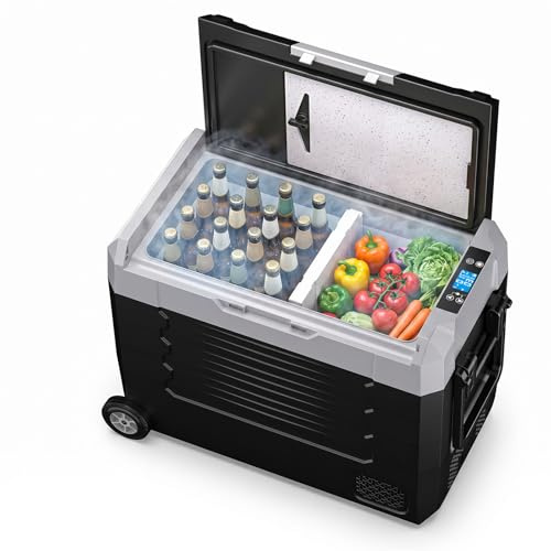 55L Kompressor Kühlbox Dual-Zone (-20°C bis +20°C), elektrisch für 12V/24V/230V – mit Rollen, Trennwand & Schneidebrett – ideal für Camping, Auto, LKW, Wohnmobil