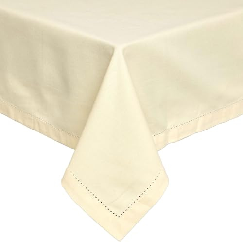 HOMESCAPES Cream Table Cloth, Plain Cotton Tablecloth, Square, Handcrafted & Durable Dining Table Cover with Hem Stitch, Hypoallergenic, Washable, 137 x 137cm