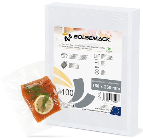 Bolsa gofrada envasado al vacio 150x250 mm. (15x25 cm.) 100 Unidades. Compatible con Todo Tipo de envasadoras domésticas | Sin BPA ni ftalatos | Bolsas de vacío para envasar Alimentos