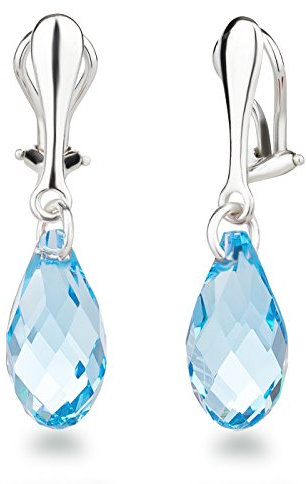 Schöner-SD Ohrclips Hänger 925 Silber Ohrringe Clip mit 17mm Kristall Briolette Aquamarin blau
