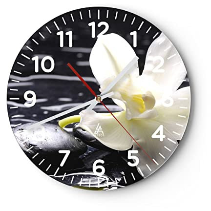 Modern Wanduhr Spa Orchidee Steine Wasser 30x30cm Rund Klein Wand Uhr Glas Analog Zimmeruhren Küche Büro Wohnzimmer Glasuhr Wall Clock Dekoration Design Wanddekoration Küchenuhr C4AR30x30-0444