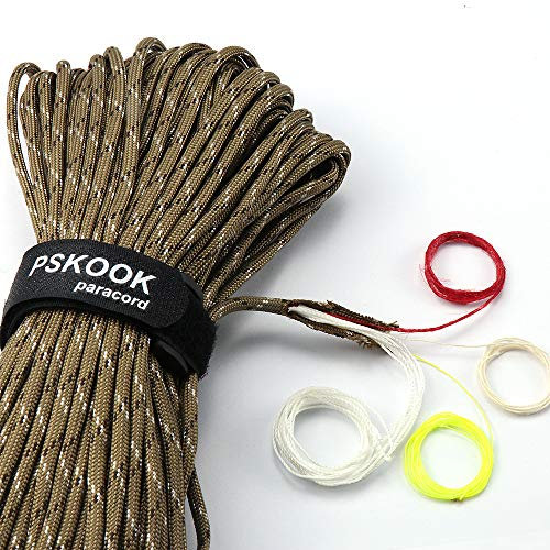 PSKOOK Paracord Survival Cord with Waxed Tinder Fishing Line Cotton Thread Outdoor Commercial Grade Braided Fire Parachute Cord Ropes (Desert Camo, 100FT)