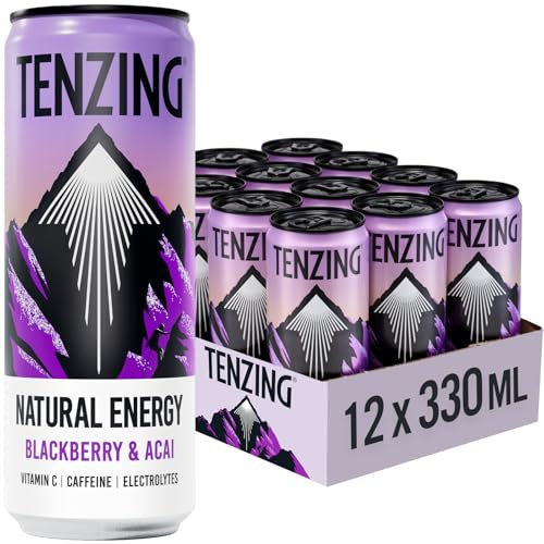 TENZING Natural Energy Drink, Plant Based, Vegan, & Gluten Free Drink, +BCAA, Blackberry & Acai, 330ml (Pack of 12) - Packaging may vary