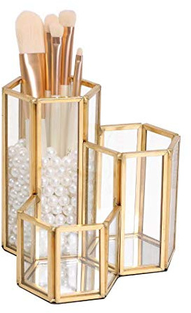 K COOL Decorative Makeup Brush Holder Pen Pencil Holder for Desk Organizer Gold Glass Cosmetic Display Cases Pot for Women Girls