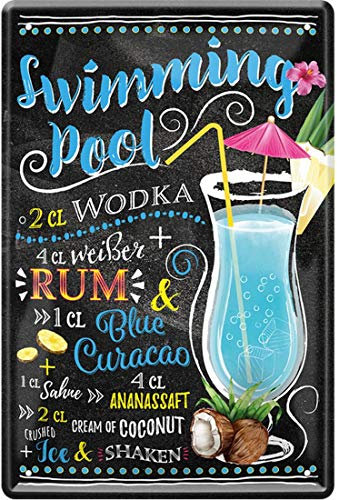 WOGEKA ART Retro Blechschild Swimming Pool Cocktail Rezept Wodka Weißer Rum witziger Spruch als Geschenk-Idee zum Geburtstag Weihnachten zur Dekoration 20x30 cm Vintage-Design aus Metall 1854