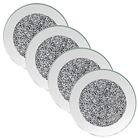 Fencelly Glasuntersetzer, verspiegelte 4er Set, 10,2 cm, Diamantschliff, Spiegel-Design, Kristallglas, Silber, Rund