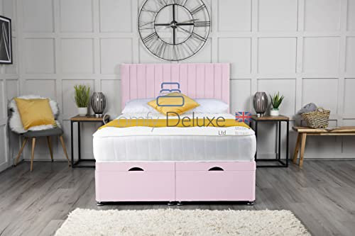 Comfy Deluxe LTD Plush Velvet Ottoman Gas Lift Bed with Vertical Panel Apollo Headboard (2FT6 Small Single (79cm X 192cm), Pink)