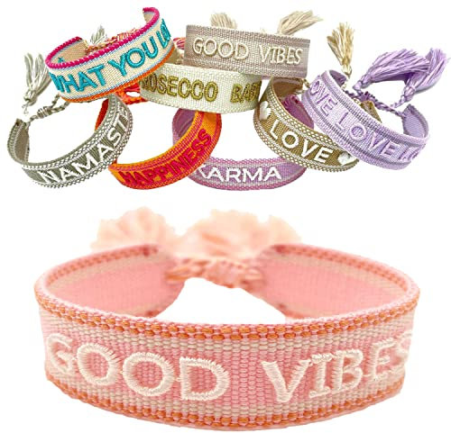 LS-LebenStil Exklusives Statement Armband Quasten besticktes Boho Canvas Webarmband (Good Vibes Rosa Weiß)