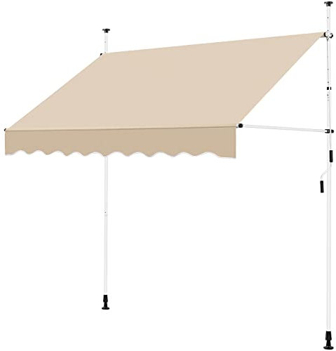 Yaheetech 2.5x1.2m Adjustable Balcony Awning, Manual Retractable Garden Awning, Free Standing Sun Shade Shelter Canopywith Hand Crank for Patio/Gazebo/Garden/Restaurant/Cafe, No Drilling, Beige