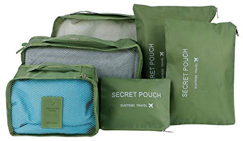 6-teiliges Reise Koffer Organizer, Kleidertaschen Set mit Reißverschluss, Netzbeutel und Wasserdichte Schuh Aufbewahrungsbeutel für Urlaub Rucksack, Kleidung, Unterwäsche, Socken(Grün)