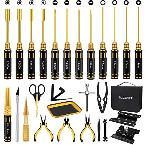 GLOBACT RC Tool Kit RC Screwdriver Kit, RC Car Stand, RC Hex Driver Set, RC Pliers Set, Screws Tray, Wrench, Body Reamer for 1/8 1/10 Slash Axial Arrma Redcat Losi RC Repair Tool Box Set-26Pcs