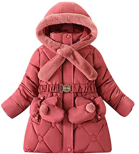 Amur Leopard Girls' Winter Coat Cotton Padded Jacket Hooded Long Sleeve Coats with Belt and Gloves