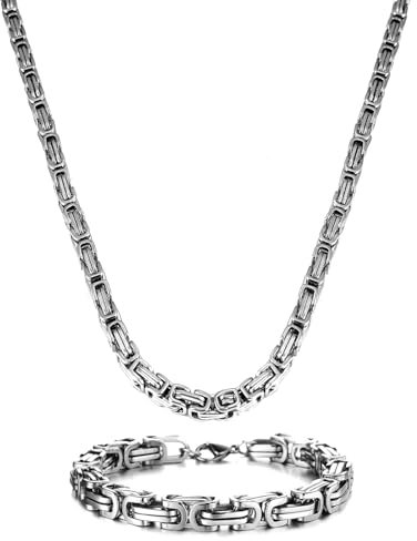 Königskette Silber Herren Edelstahl, 4/5/6/7/8 mm Königskette Halskette aus Edelstahl Armband Set, Edelstahl Halskette für Herren, Länge 51/56/61/66/71 cm(56, Silber-4mm Breite)