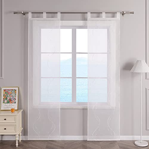 ESLIR Schiebegardinen Voile Flächenvorhänge Set 2er Schiebevorhang Wohnzimmer Gardinen mit Schlaufen Transparent Vorhang Bestickt Weiß BxH 57x225cm 2 Stück