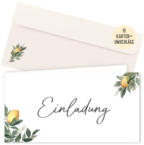 15 Einladungskarten inkl. Umschläge für Hochzeit, Standesamt, Geburtstag, Konfirmation, Kommunion, Jugendweihe, Taufe, Einladung | Klappkarte DIN lang (Zitrone)