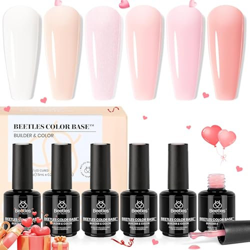 Beetles Color Base Gel-Nagellack, 6 Farben Nude Pink Gel-Nagellack-Set, neutraler Basislack, 3-in-1 Builder-Basis für Nagelhärter, Soak-Off-Nagelkunst, Geschenke für Frauen