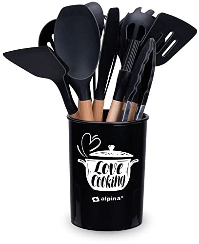 alpina Küchengeschirrset mit Halter – 12-teilig – Silikon-Utensilien mit Holzgriff – Schwarz, 0.00