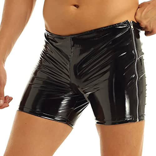 Caxndycing Herren Boxershorts Leder Shorts Wetlook sexy Unterwäsche Hot Pants mit Latex Lack Leder Optik Ouvert Dessous Erotik Reizwäsche Latex Kurze Hose Lack- Optik Hipster Männer Slip Pants
