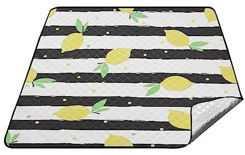 YOUJUNER Picknickdecke, 200 x 200 cm, Zitronen-Schwarz, gestreift, große Picknick-Matte, wasserdicht, Stranddecke, tragbarer Outdoor-Teppich, Camping-Matte