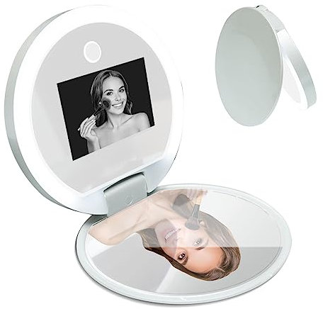 HYQNG Travel Compact Mirror with UV Camera and Light 3.8 Inch Portable Beauty Makeup Mirror with 1.2X Magnification for Sunscreen Test, 3-level Brightness Adjustable, for Handbag Pocket