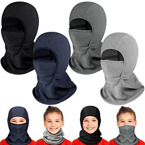 Sintege 4 Kinder Balaclava Sturmhauben Warme Fleece Gesichtshauben Winddichte Winter Skimasken (Schwarz, Hellgrau, Grau, Marineblau)
