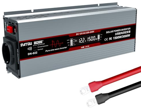 DATOUBOSS Wechselrichter 12v auf 230v Reiner Sinus 1500W/3000W Spannungswandler mit LCD-Display,USB Ports und EU-Steckdosen für Häuser, Wohnwagen, Solaranlagen